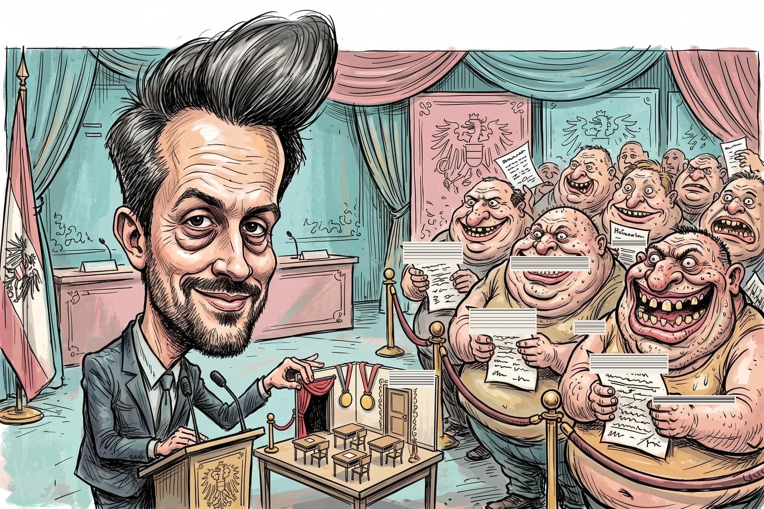 Gezeichnete Karikatur von Bildungsminister Christoph Wiederkehr: Mit hochgefohntem Haar und Kurzbart enthüllt er am Podium ein winziges Samtseil-Klassenzimmer mit Medaillen auf leeren Pulten, während dahinter eine riesige Schlange fetter Erwachsener hinter einem Absperrseil wartet.