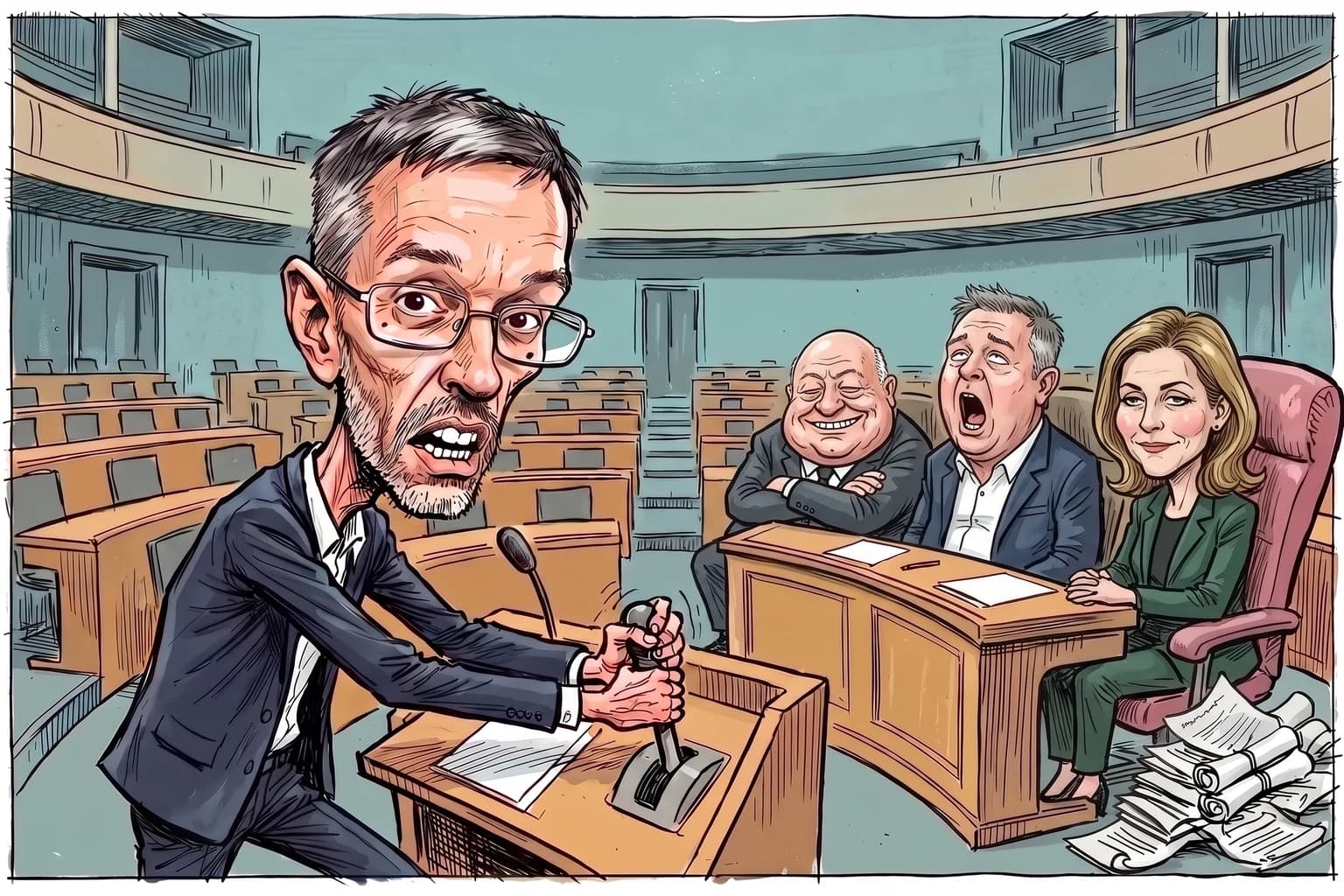 Gezeichnete Karikatur: Herbert Kickl mit Brille, Bart und schmalem Gesicht drückt im Parlament einen riesigen Misstrauens-Hebel, während hinter ihm auf der Regierungsbank Christian Stocker mit verschränkten Armen döst, Andreas Babler gähnt und Beate Meinl-Reisinger mit gefalteten Händen erstarrt dasitzt.