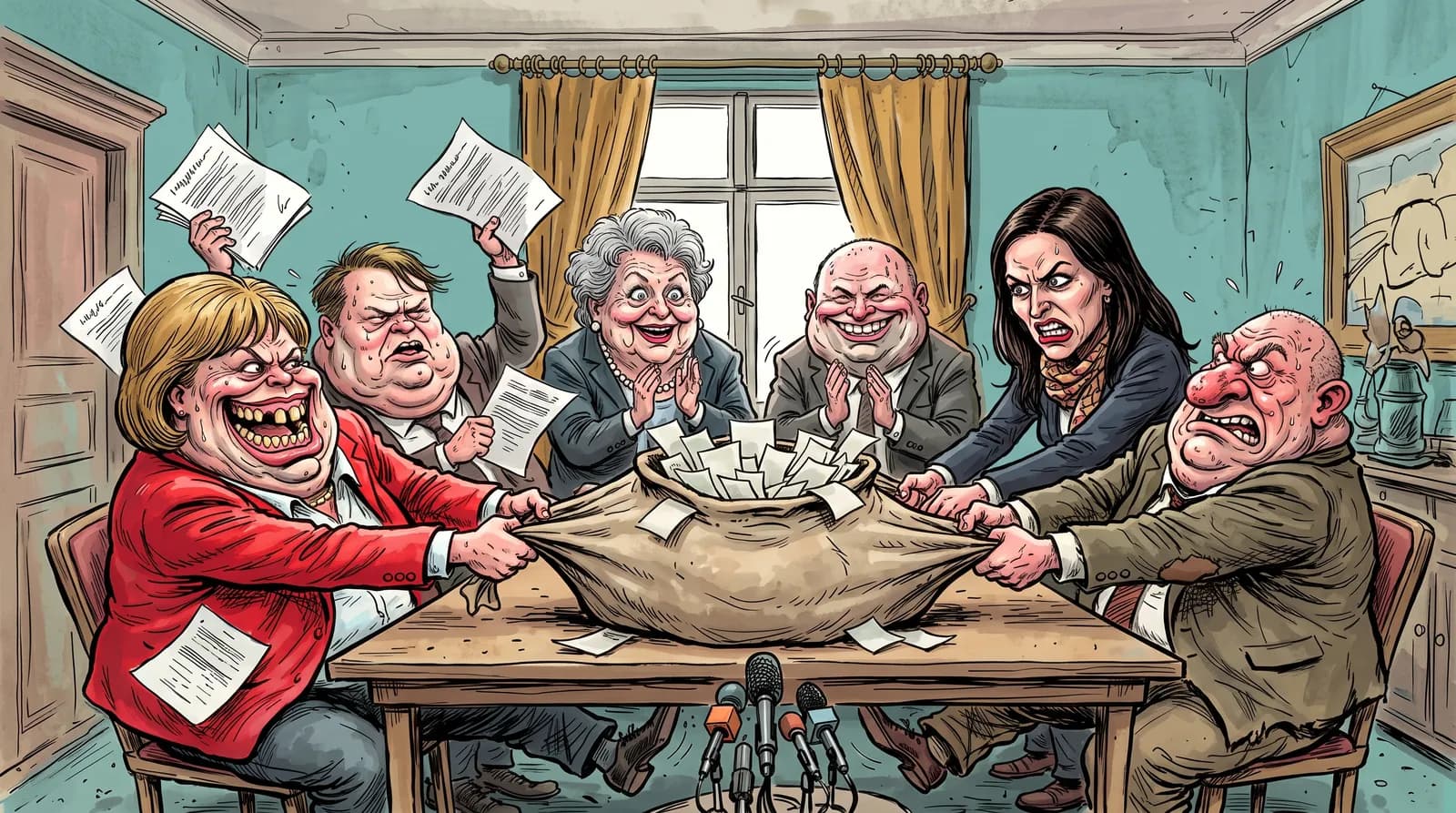 Gezeichnete Karikatur: Fette Boulevard-Verleger und schwitzende Qualitätsredakteure zerren an einem prallen Geldsack auf dem Verhandlungstisch, während Koalitionspolitiker mit erzwungenem Lächeln zuschauen.