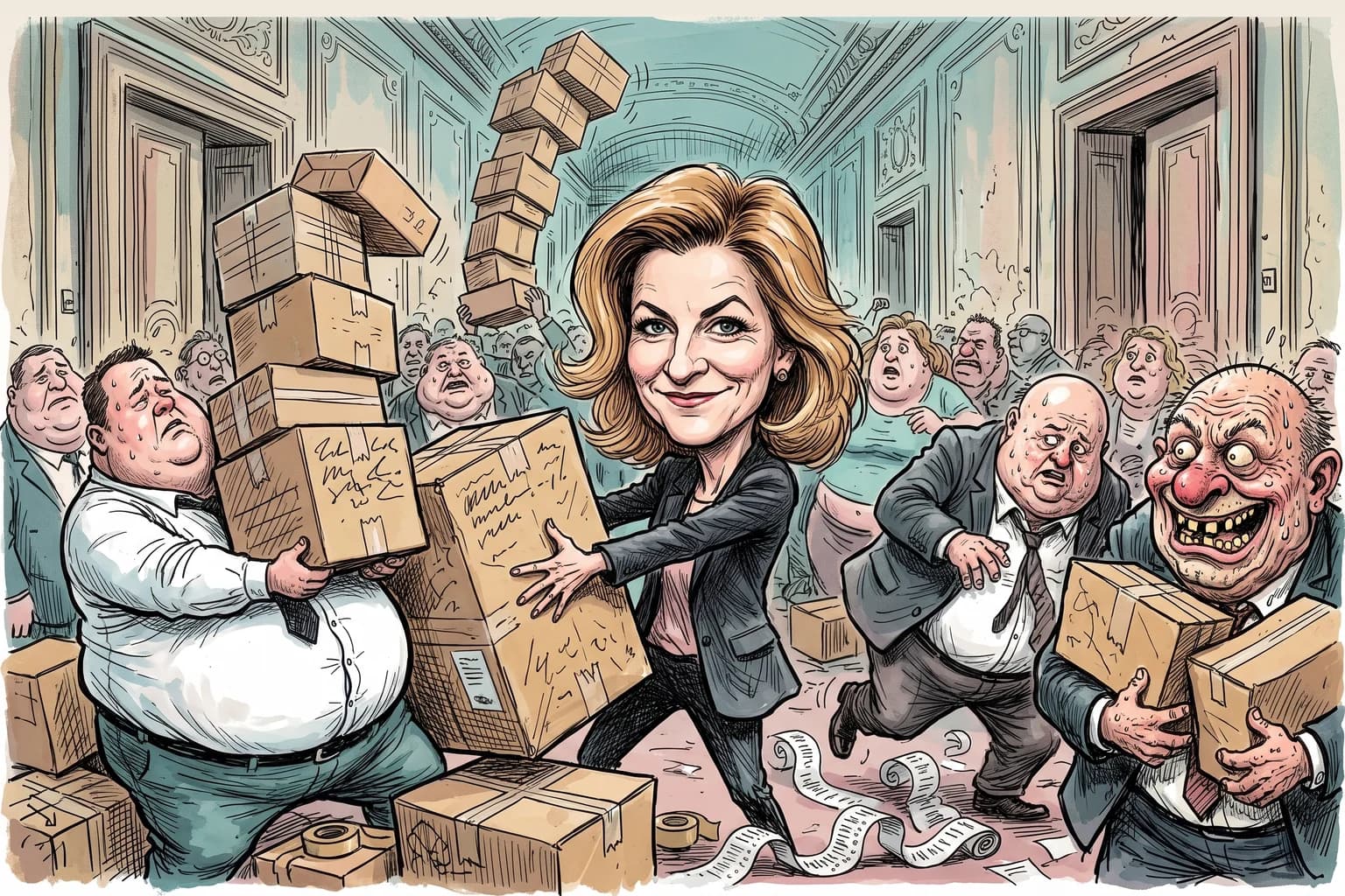 Gezeichnete Karikatur von Beate Meinl-Reisinger: Mit blonden Bob und entschlossenem Blick stemmt sie ein riesiges absurdes Paket entschlossen weg, während fette Koalitionspartner und Online-Händler um weitere Packerl raufen.