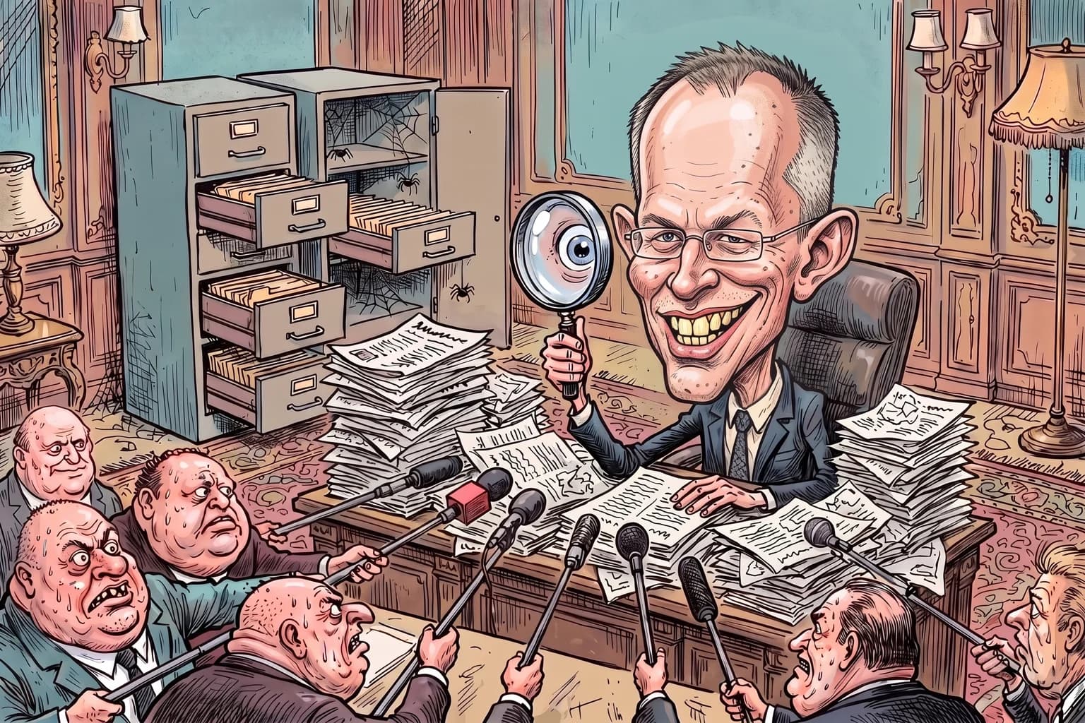 Gezeichnete Karikatur von Innenminister Gerhard Karner: Mit riesiger Stirnglatze, abstehenden Ohren und breitem Zahngrinsen sitzt er hinter einem riesigen Schreibtisch, fast völlig unter einem Berg Zeitungen begraben, und lugt mit einer Lupe hervor, während verschwitzte Mitglieder des Untersuchungsausschusses ihm Mikrofone entgegenstrecken.