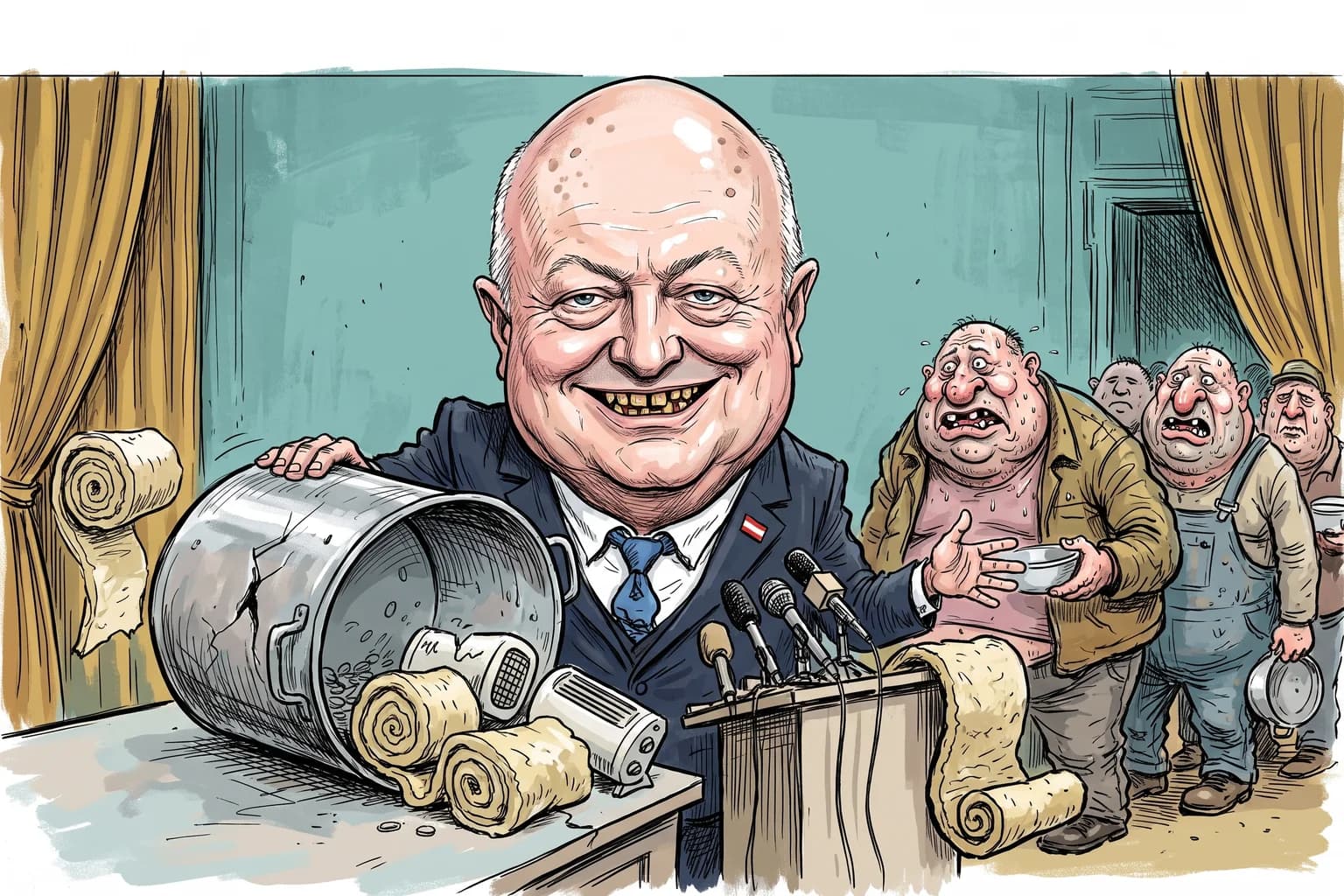 Gezeichnete Karikatur von Bundeskanzler Christian Stocker: Mit Glatze und breitem Gesicht präsentiert er stolz einen lecken, leeren Fördertopf, aus dem Dämmrollen und Heizkessel rieseln, während fette Bauarbeiter und Haushalte hinter ihm Schlange stehen.