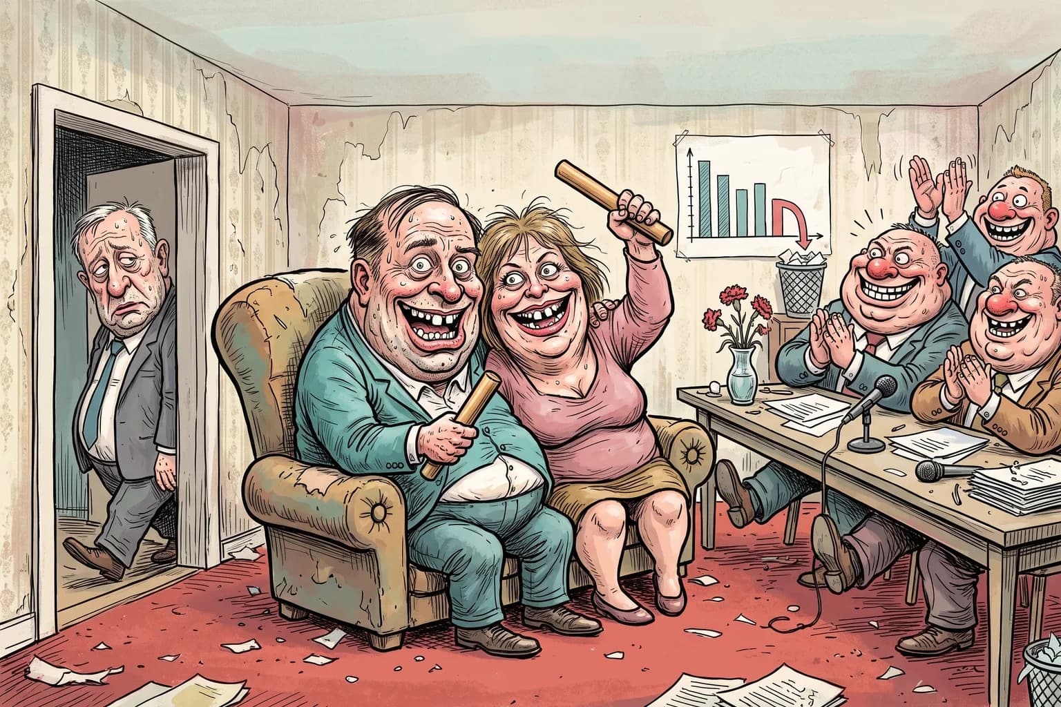Gezeichnete Karikatur: Zwei verschwitzte Übergangs-Vorsitzende teilen sich einen einzigen Lehnsessel und halten je eine Hälfte eines zerbrochenen Staffelstabs, während ein Mann auf Zehenspitzen durch die Tür schleicht und Landesfürsten am Tisch Einigkeit beklatschen.