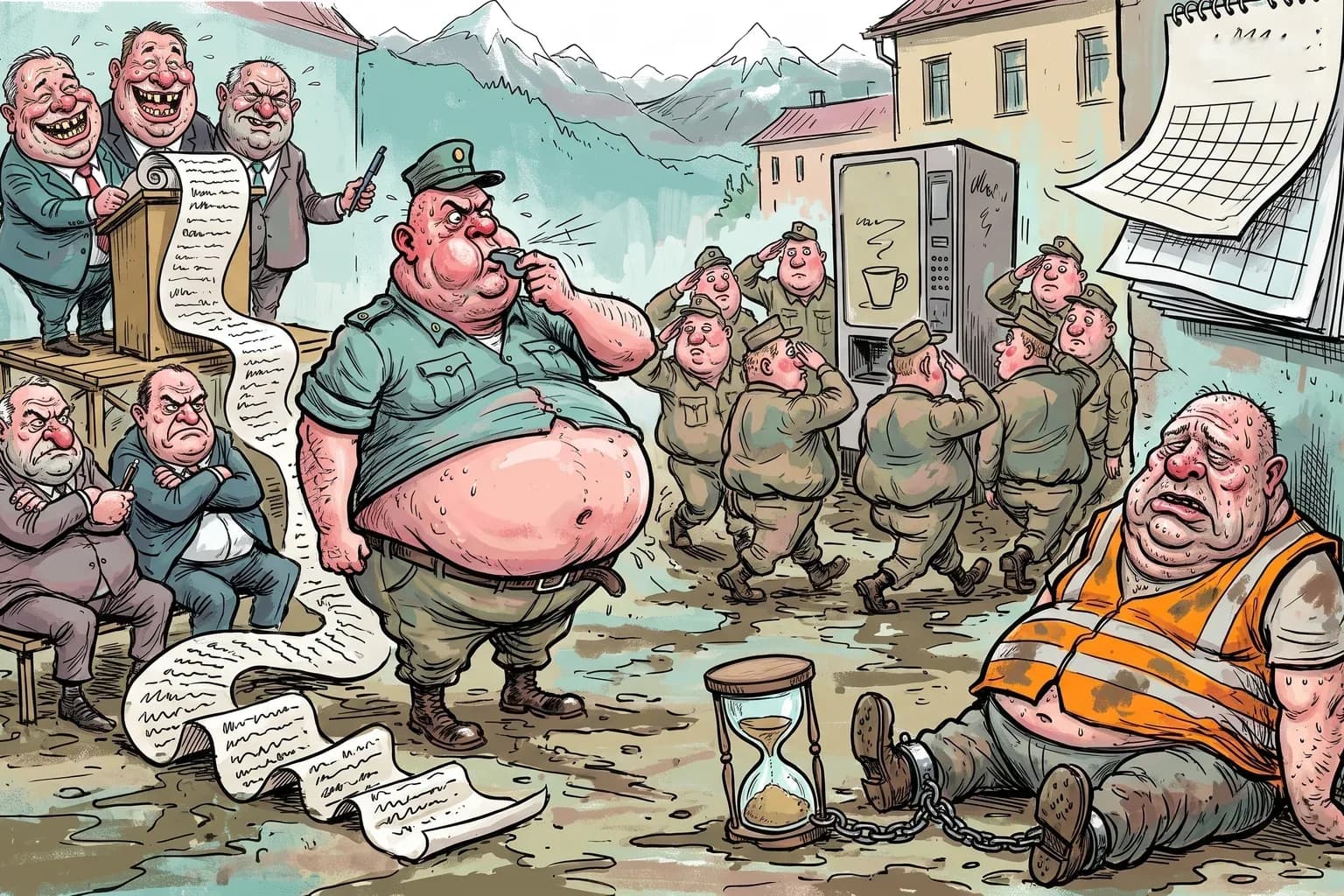 Gezeichnete Karikatur: Ein dicker Ausbilder lässt rundliche Rekruten im Kasernenhof einen Kaffeeautomaten salutieren, daneben ist ein Zivildiener in Warnweste an eine wachsende Sanduhr gekettet, im Hintergrund präsentieren Politiker stolz eine riesige Reformrolle.