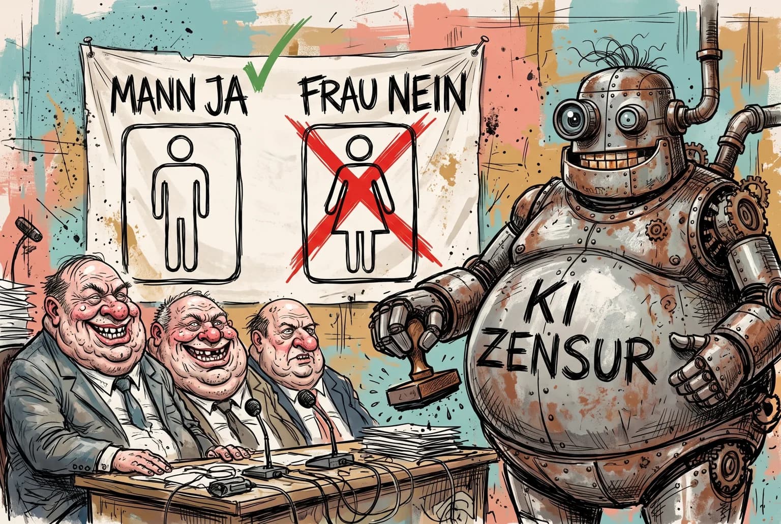 Gezeichnete Karikatur: Zwei Piktogramm-Silhouetten von vorne, Mann und Frau. Über dem Mann steht „MANN JA“ mit grünem Haken, über der Frau „FRAU NEIN“ mit rotem X. Daneben stempelt ein grotesker Roboter mit der Aufschrift „KI ZENSUR“ auf dem Bauch.