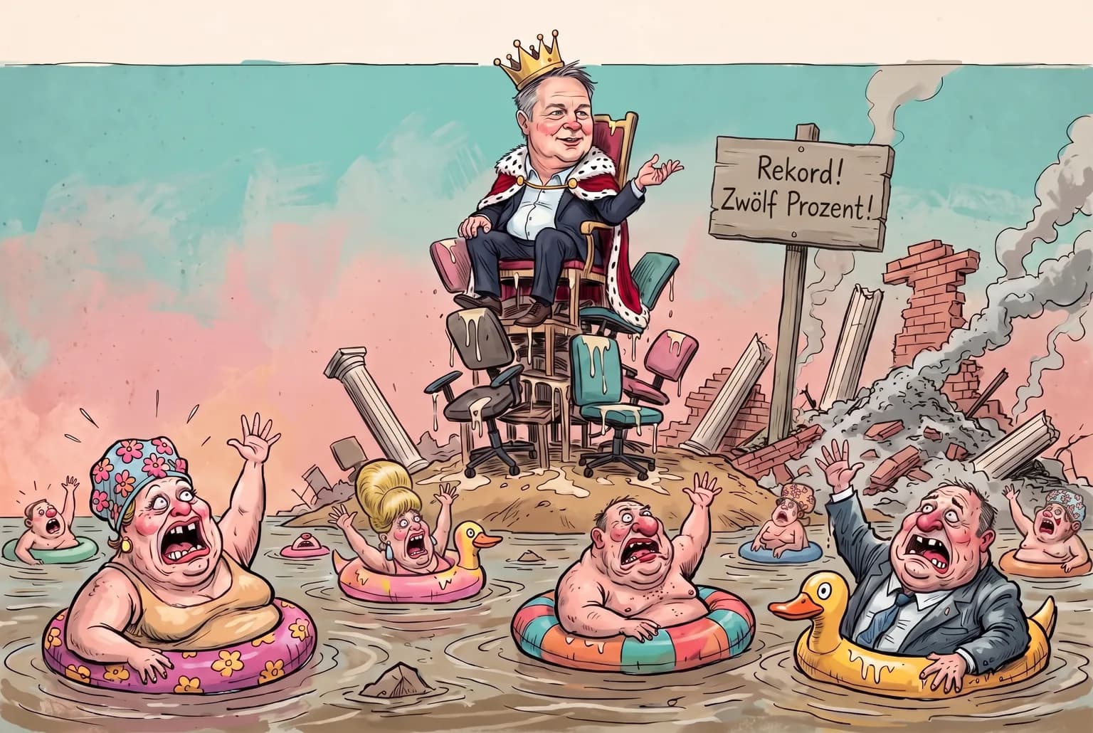 Gezeichnete Karikatur von Vizekanzler Andreas Babler als grotesker König mit Krone, rotem Umhang, dunklem Sakko und offenem hellblauem Hemd hoch oben auf einem Turm aus zusammengeklebten Bürosesseln. Er lächelt zufrieden. Im Schutt und in den Ruinen unter dem Turm steht ein neutrales Holzschild mit der Aufschrift „Rekord! Zwölf Prozent!“ – kein Zitat, niemandem in den Mund gelegt, reine Satire-Info. Rund um den Turm Ruinen, umgestürzte Säulen und rauchende Schutthaufen; unten im steigenden Wasser rufen dicke Männer und Frauen in Schwimmreifen und Gummienten winkend um Hilfe.