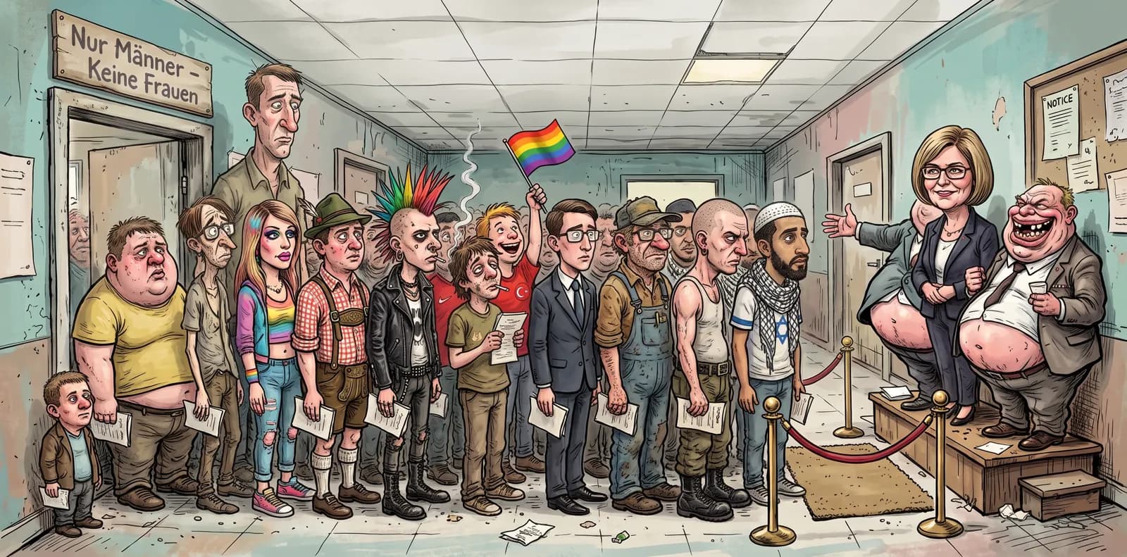 Gezeichnete Karikatur: Vor einem Stellungsamt stehen nur grimmige junge Männer in einer endlosen Schlange, daneben ist eine zweite Absperrung völlig leer. Auf einem Podium unter einem Banner ohne Schrift halten verschwitzte Politiker eine feierliche Gleichstellungsrede und zeigen stolz auf die Männerschlange.