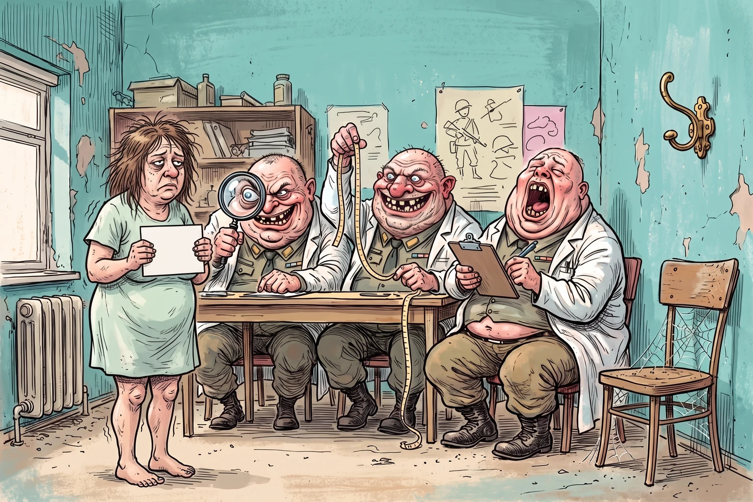 Gezeichnete Karikatur: Eine Rekrutin steht barfuß und zitternd in einem dünnen, zu kurzen Spitalshemd mit einer leeren Nummernkarte vor derselben feisten Stellungskommission – einer starrt durch die Lupe, einer hält das Maßband hoch, einer gähnt beim Abhaken.